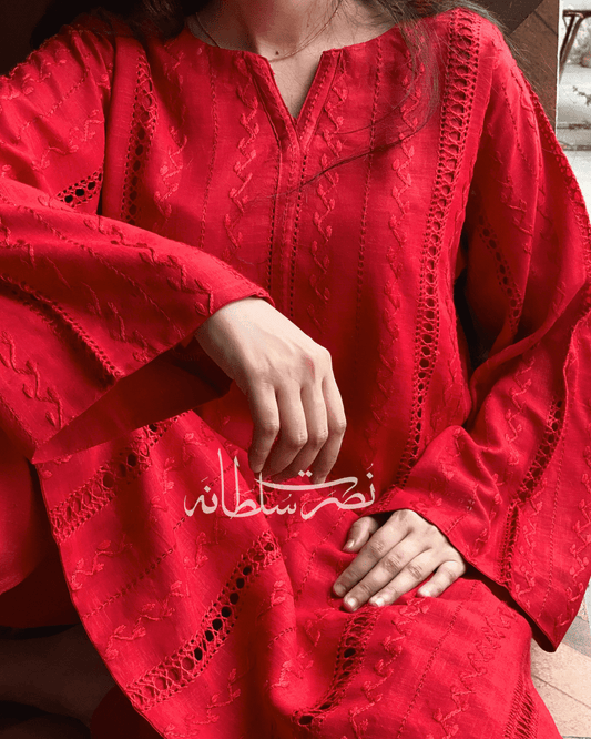 Hot Red - Purely Handmade Tarkashi Kurta - Irish Linen