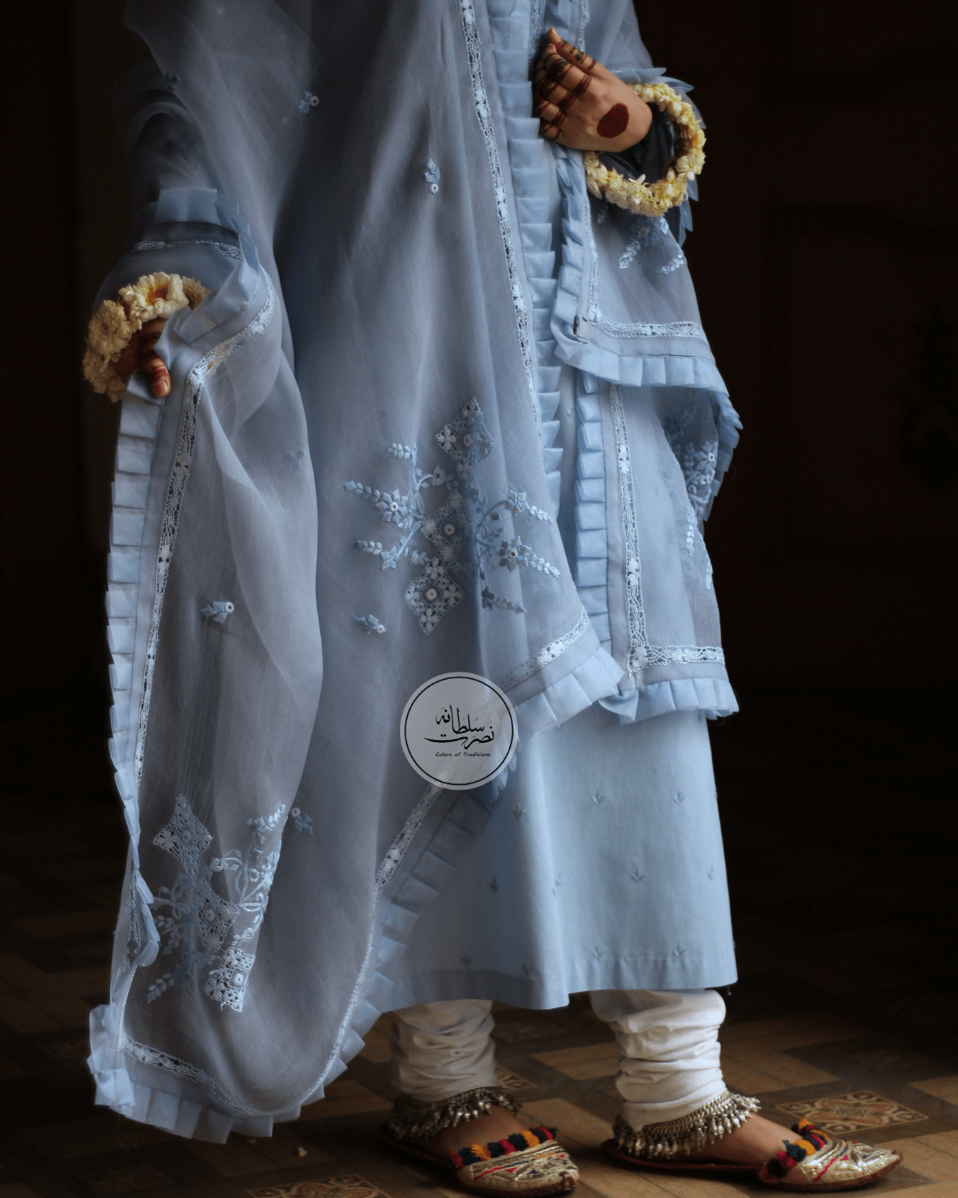 Traditional Handcrafted Tarkashi Kurta with Applique Patti & Mirror Work - Bluish Grey - Pret
