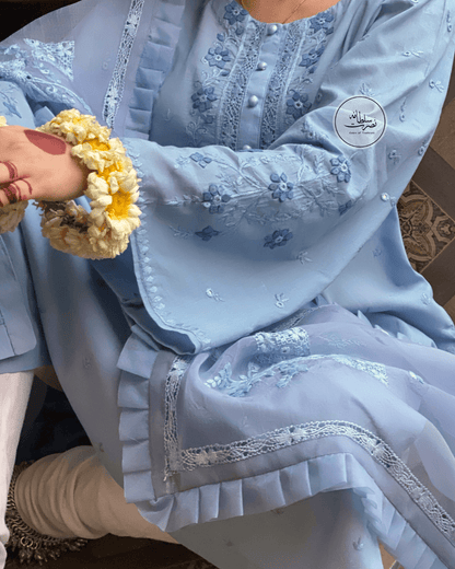 Traditional Handcrafted Tarkashi Kurta with Applique Patti & Mirror Work - Bluish Grey - Pret
