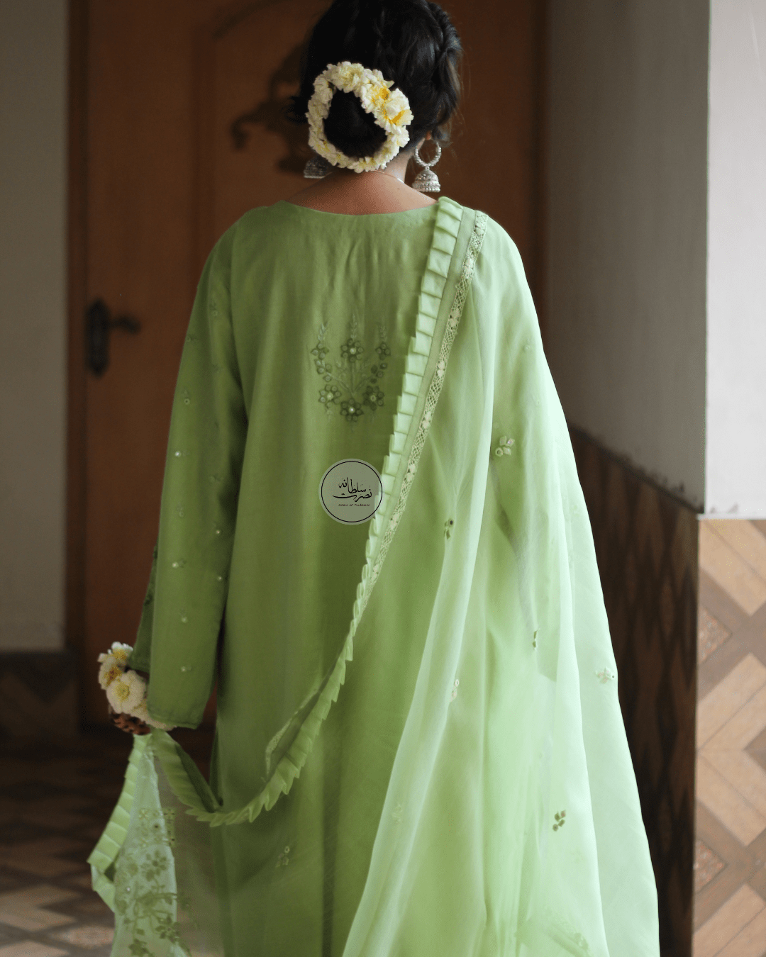 Handcrafted Tarkashi, Tukri and Mirror work Shirt - Pret - Pistachio Green