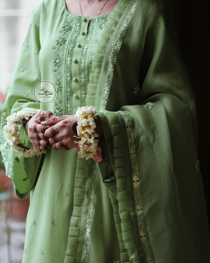 Handcrafted Tarkashi, Tukri and Mirror work Shirt - Pret - Pistachio Green