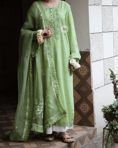 Handcrafted Tarkashi, Tukri and Mirror work Shirt - Pret - Pistachio Green