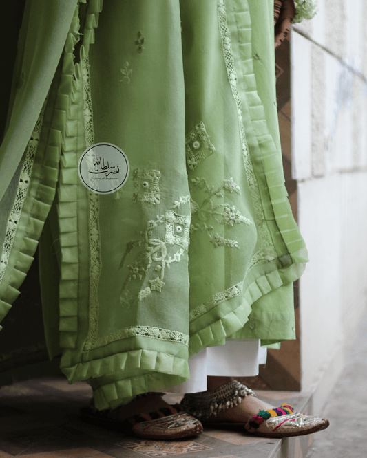 Pure Organza Hand Embroidered Tarkashi, Tukri and Mirror Work Dupatta - Pistachio Green