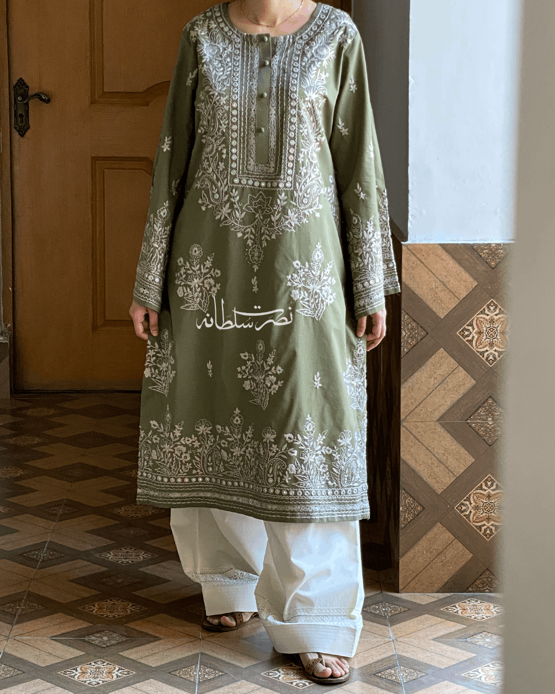 Traditional Handcrafted Olive Green Pure Lawn Kurta