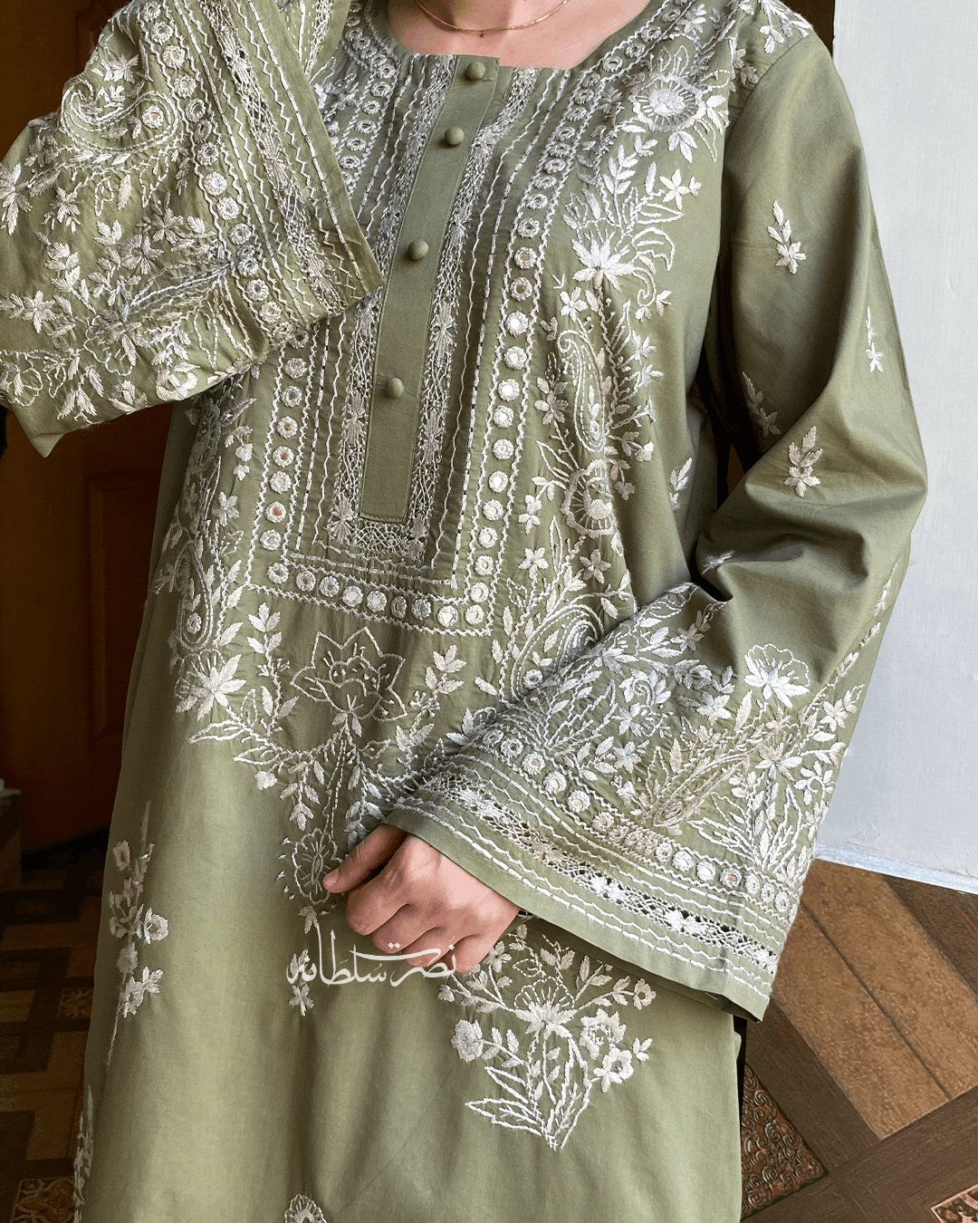 Traditional Handcrafted Olive Green Pure Lawn Kurta