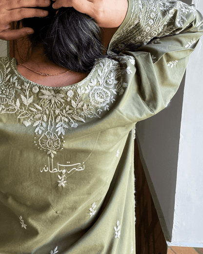 Traditional Handcrafted Olive Green Pure Lawn Kurta