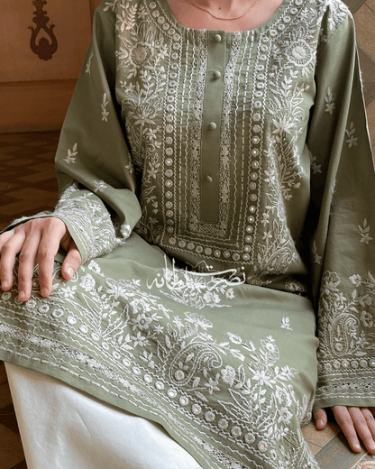 Traditional Handcrafted Olive Green Pure Lawn Kurta