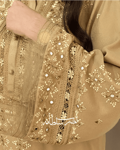 Golden Beige Marina with Hand Embroidery, Tarkashi & Mirror Work