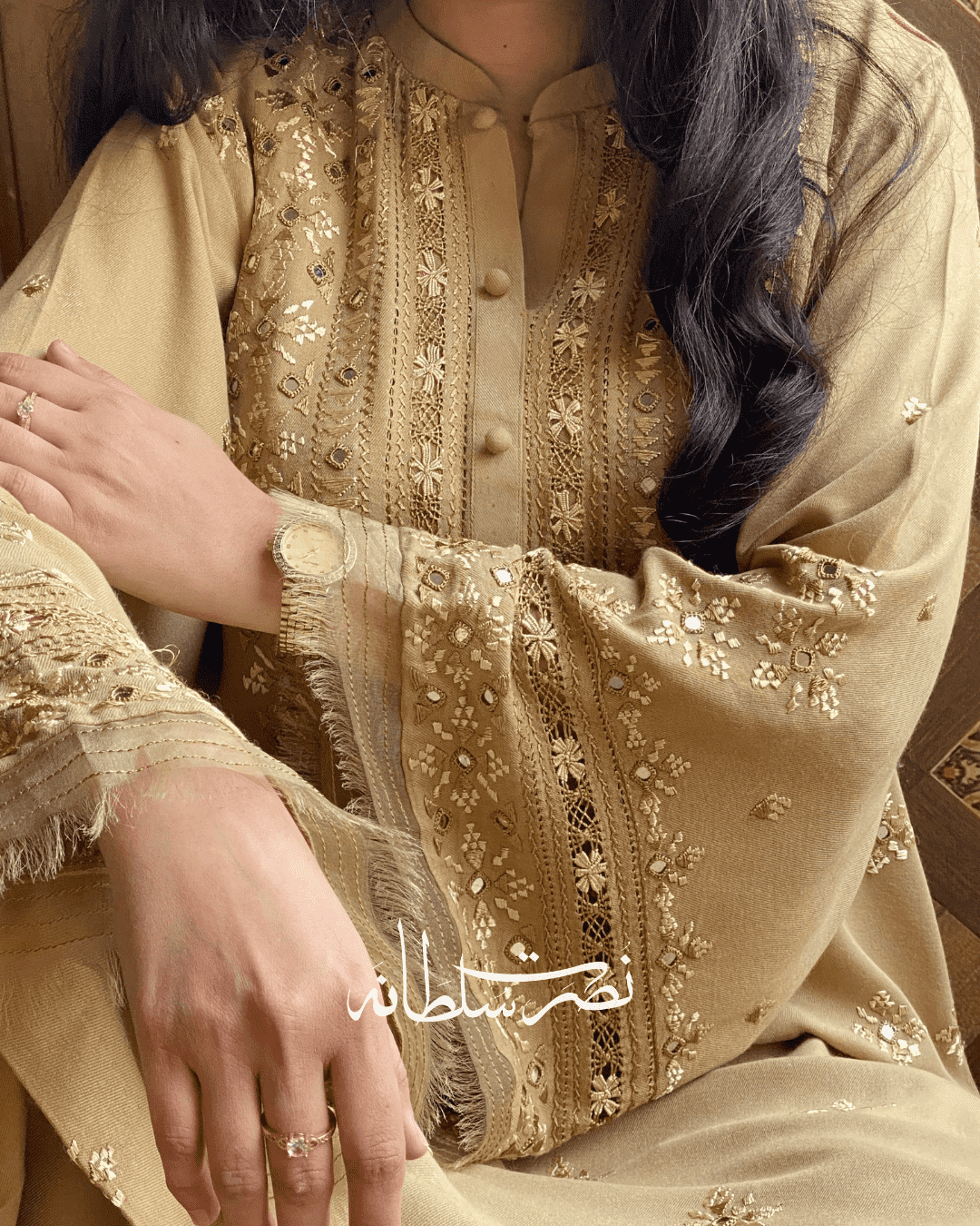 Golden Beige Marina with Hand Embroidery, Tarkashi & Mirror Work