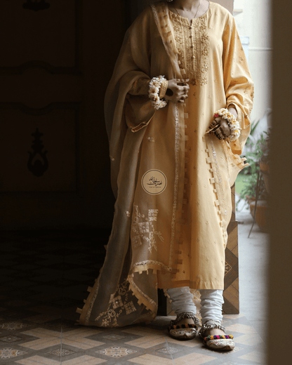 Handcrafted Tarkashi, Tukri & Mirror Work - Royal Light Golden - Pret