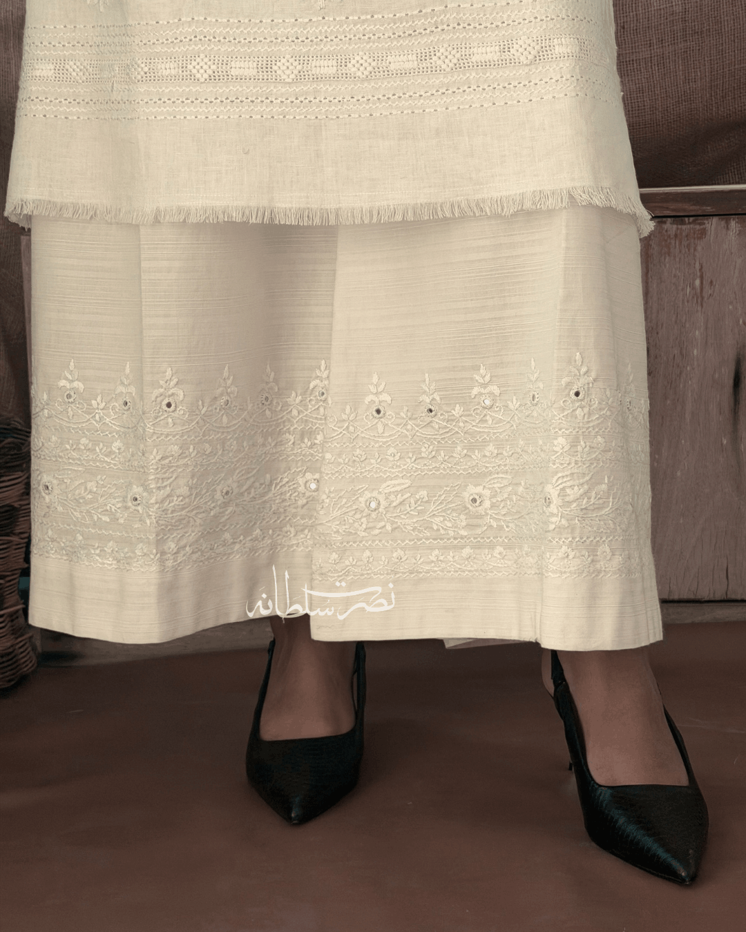 Pearl White Hand Embroidered Mirror Work Wide Trouser