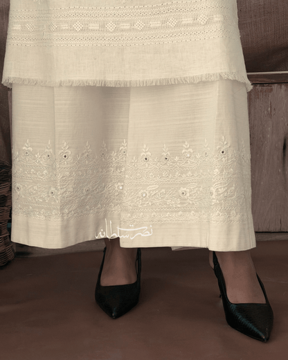 Pearl White Hand Embroidered Mirror Work Wide Trouser