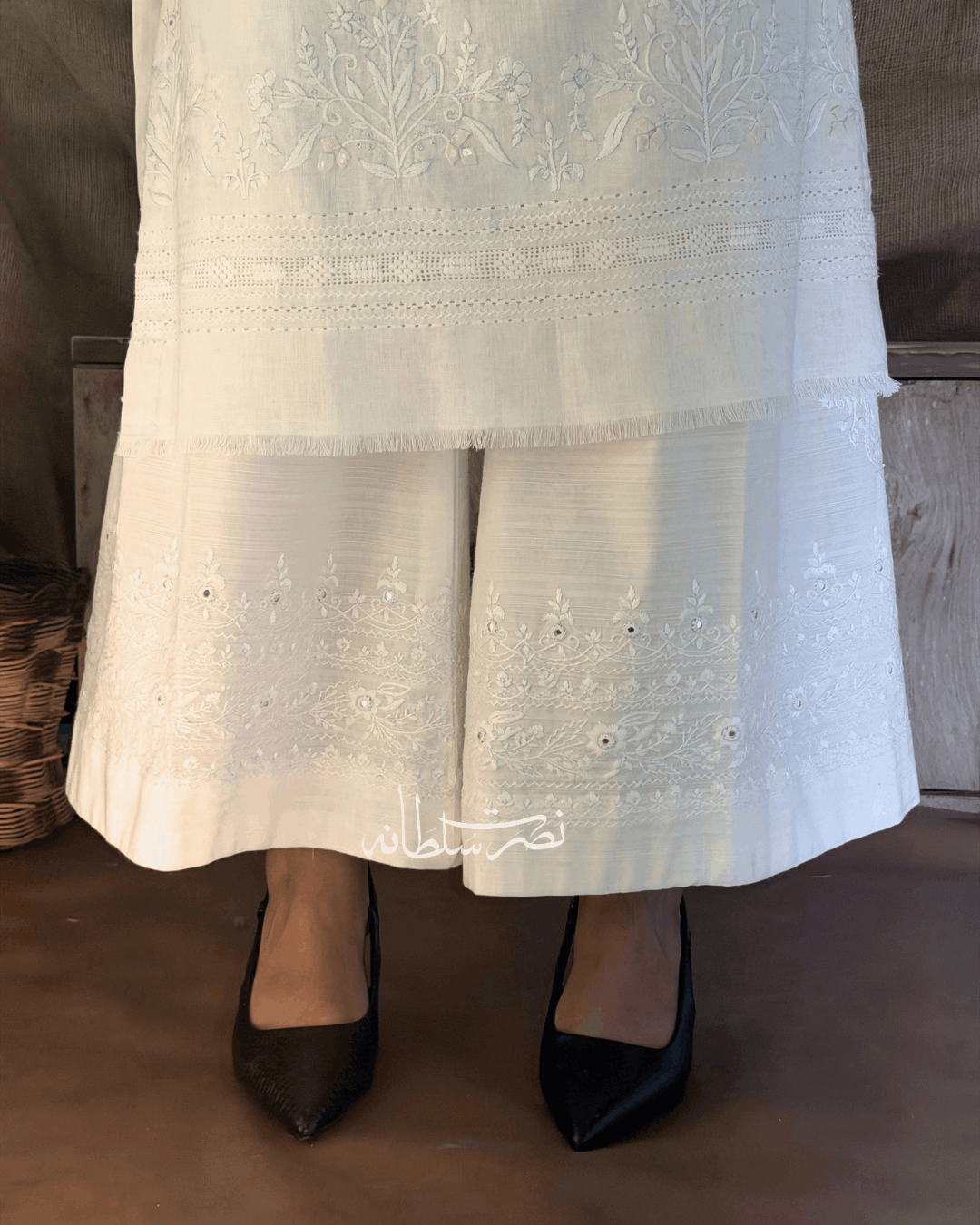 Pearl White Hand Embroidered Mirror Work Wide Trouser