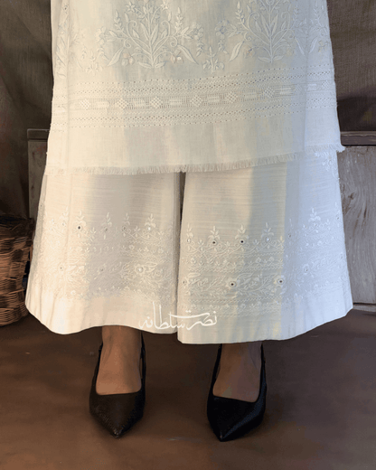 Pearl White Hand Embroidered Mirror Work Wide Trouser