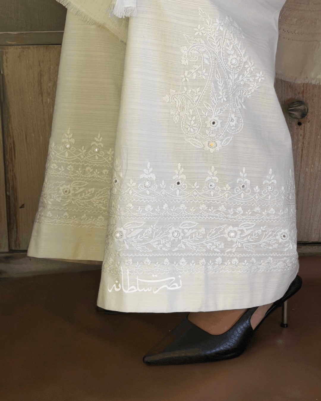 Pearl White Hand Embroidered Mirror Work Wide Trouser