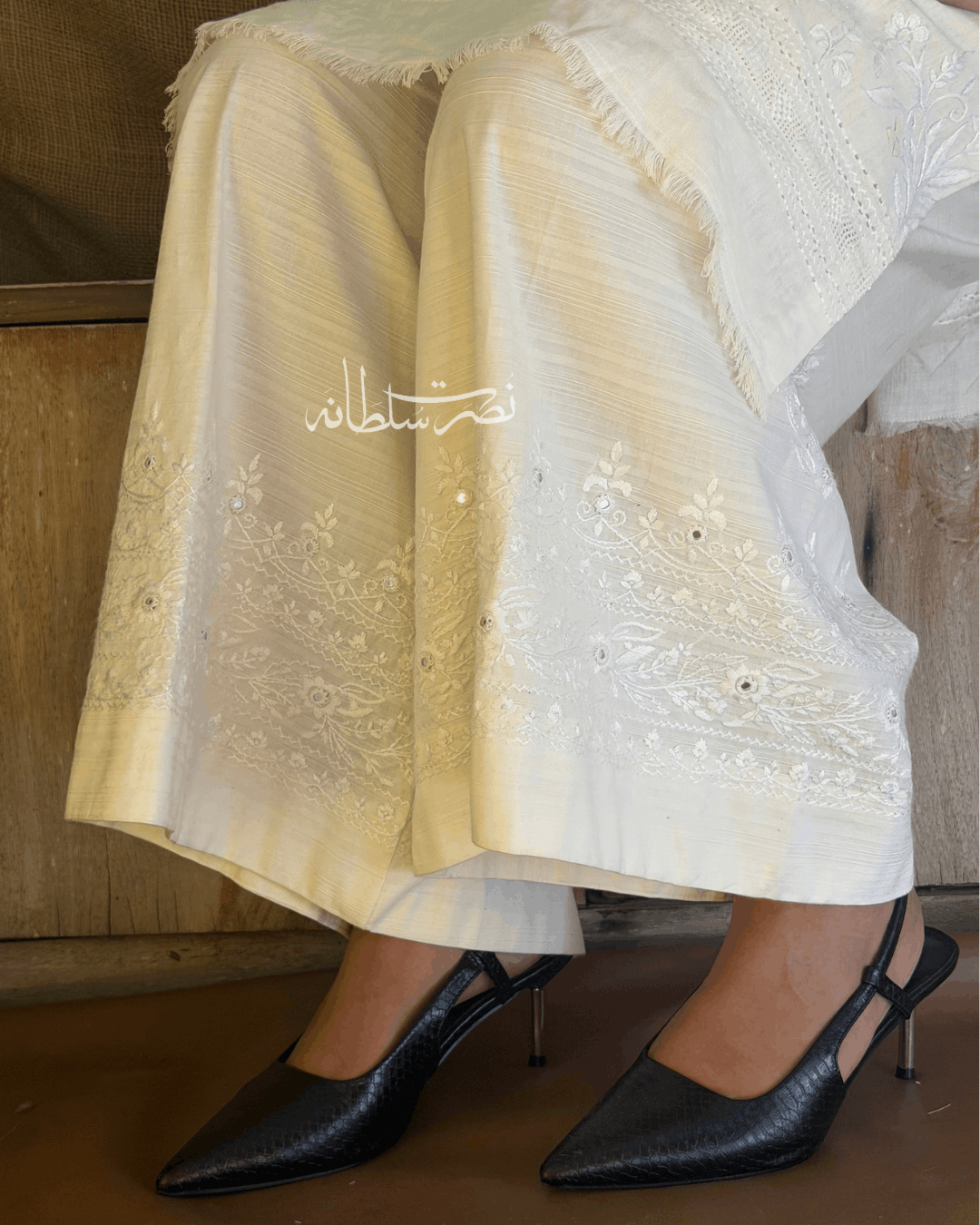 Pearl White Hand Embroidered Mirror Work Wide Trouser