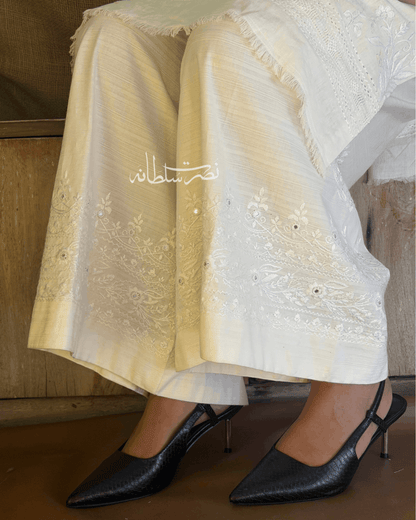 Pearl White Hand Embroidered Mirror Work Wide Trouser
