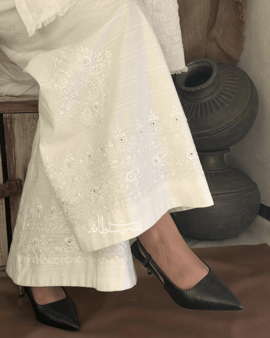 Pearl White Hand Embroidered Mirror Work Wide Trouser