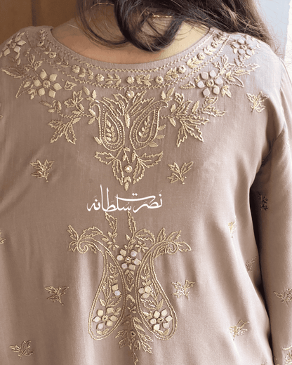 Warm Grey - Hand Embroidered, Tarkashi, Mirror and Tukri Work Kurta - Irish  Linen