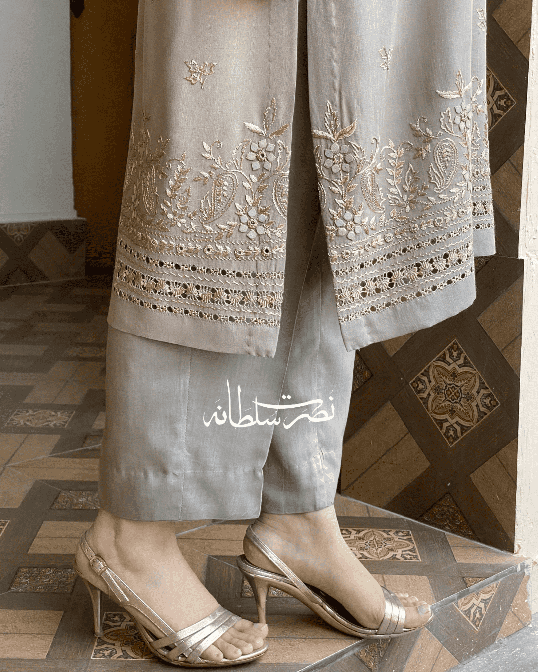 Warm Grey - Hand Embroidered, Tarkashi, Mirror and Tukri Work Kurta - Irish  Linen