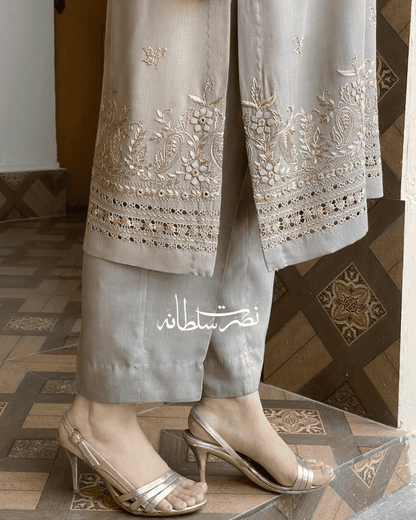 Warm Grey - Hand Embroidered, Tarkashi, Mirror and Tukri Work Kurta - Irish  Linen