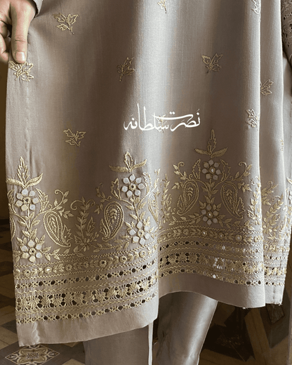 Warm Grey - Hand Embroidered, Tarkashi, Mirror and Tukri Work Kurta - Irish  Linen