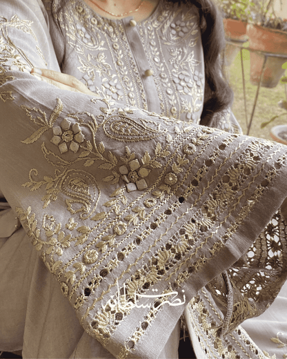 Warm Grey - Hand Embroidered, Tarkashi, Mirror and Tukri Work Kurta - Irish  Linen