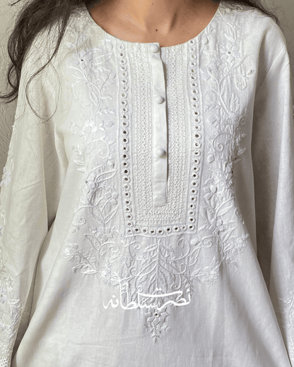 Classic Pearl White Handcrafted Tarkashi & Mirror Work Kurta