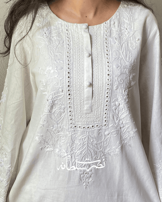 Classic Pearl White Handcrafted Tarkashi & Mirror Work Kurta