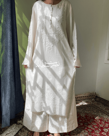 Classic Pearl White Handcrafted Tarkashi & Mirror Work Kurta