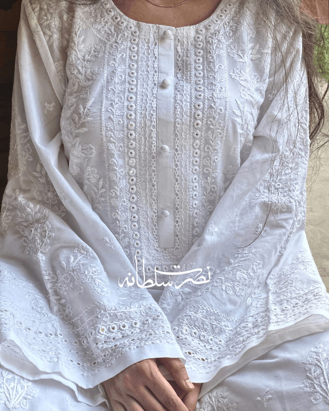 Classical Pearl White Tarkashi, Hand Embroidery and Mirror Work Kurta