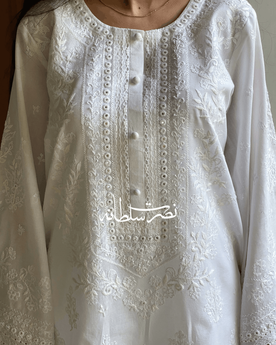 Classical Pearl White Tarkashi, Hand Embroidery and Mirror Work Kurta