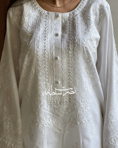 Classical Pearl White Tarkashi, Hand Embroidery and Mirror Work Kurta