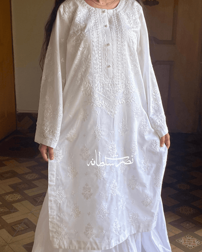 Classical Pearl White Tarkashi, Hand Embroidery and Mirror Work Kurta