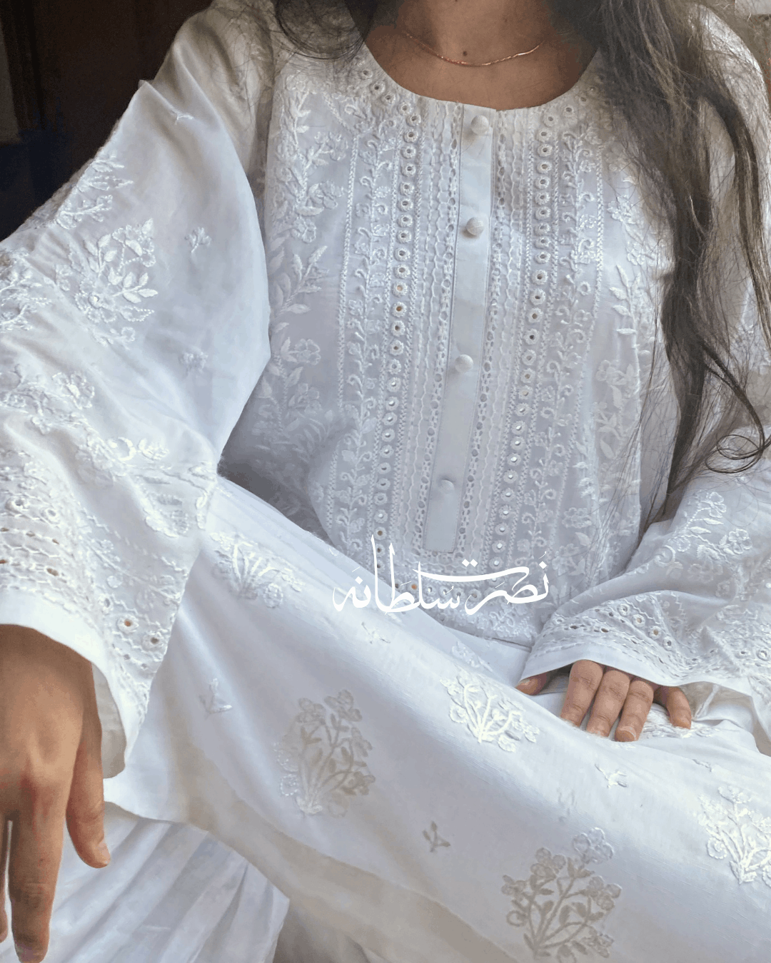 Classical Pearl White Tarkashi, Hand Embroidery and Mirror Work Kurta