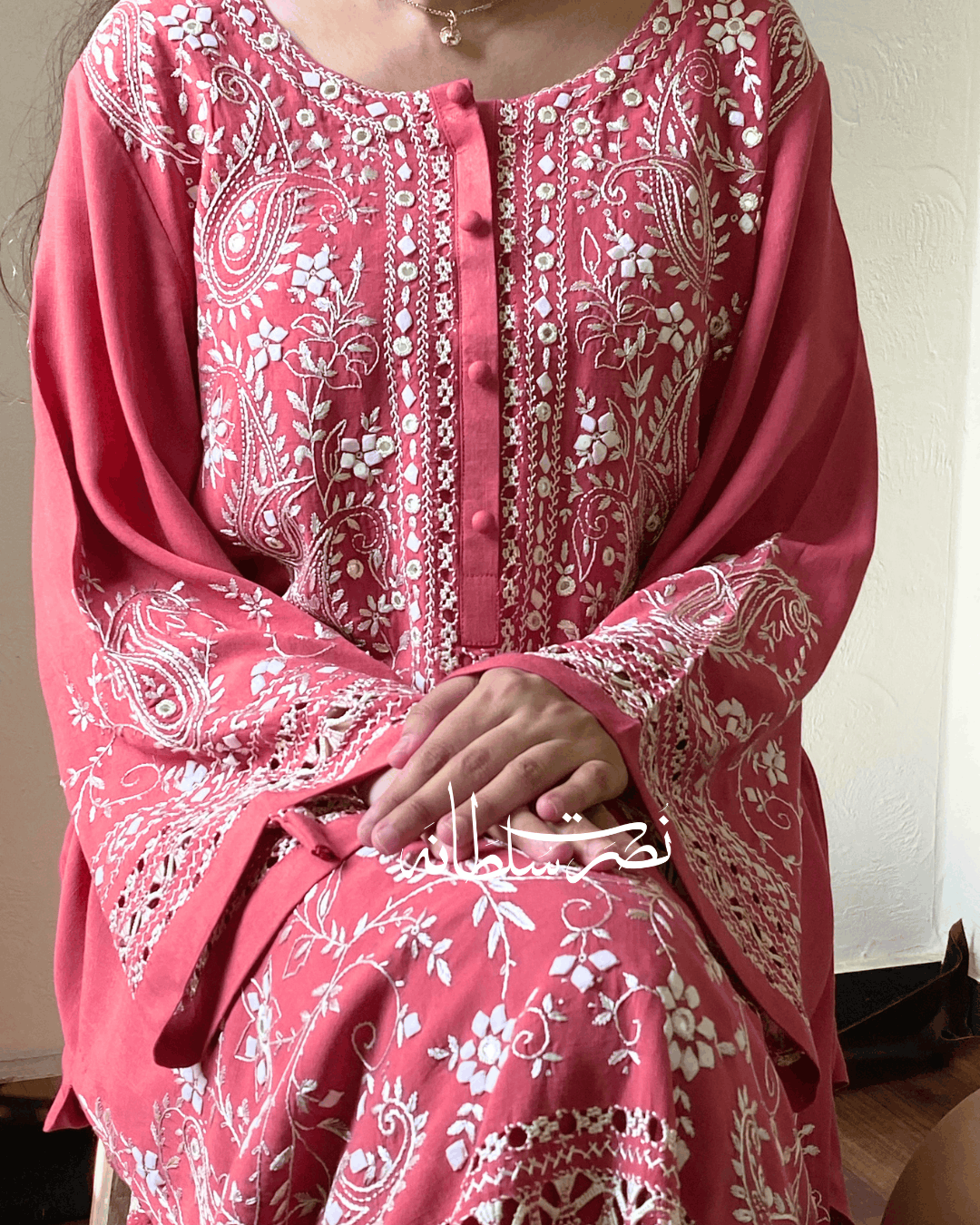 Dusty Coral Irish Linen Kurta - Handcrafted Tarkashi, Tukri & Mirror Work
