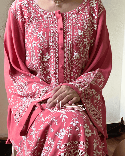 Dusty Coral Irish Linen Kurta - Handcrafted Tarkashi, Tukri & Mirror Work
