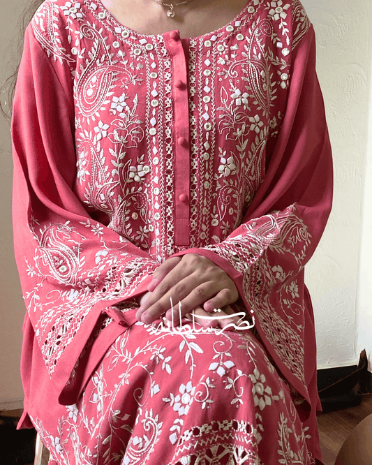 Dusty Coral Irish Linen Kurta - Handcrafted Tarkashi, Tukri & Mirror Work