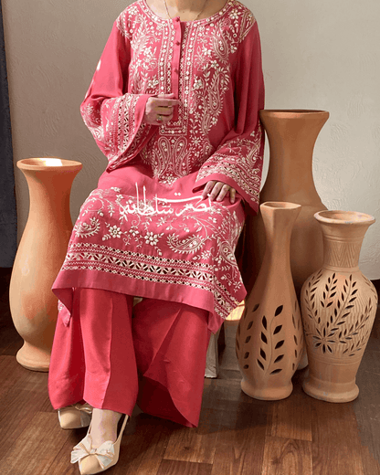 Dusty Coral Irish Linen Kurta - Handcrafted Tarkashi, Tukri & Mirror Work