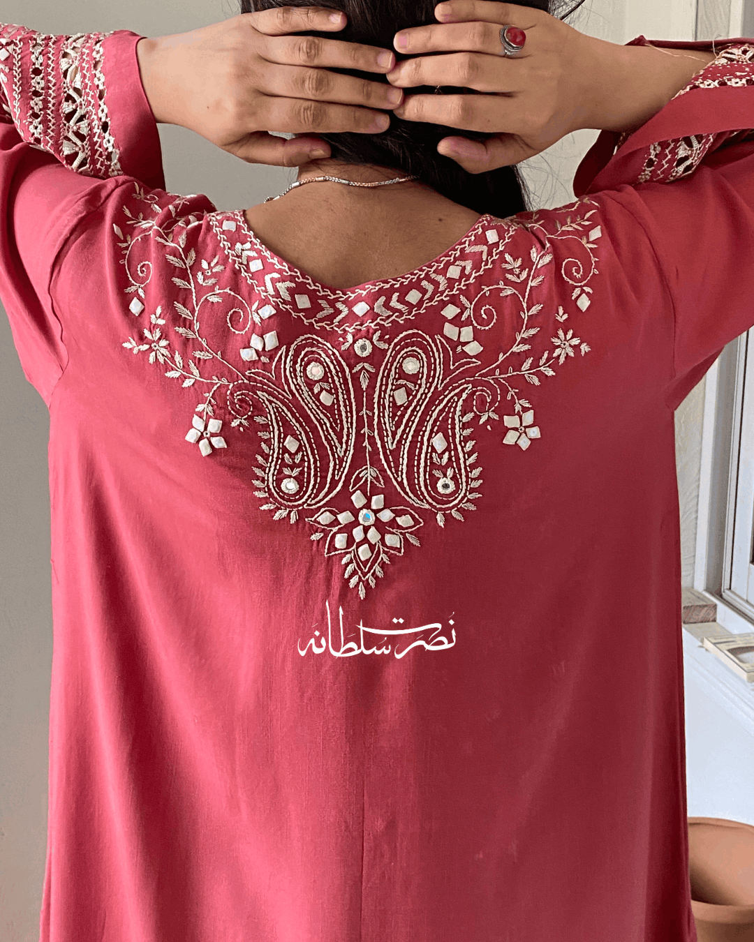 Dusty Coral Irish Linen Kurta - Handcrafted Tarkashi, Tukri & Mirror Work