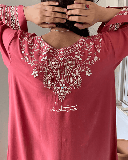Dusty Coral Irish Linen Kurta - Handcrafted Tarkashi, Tukri & Mirror Work
