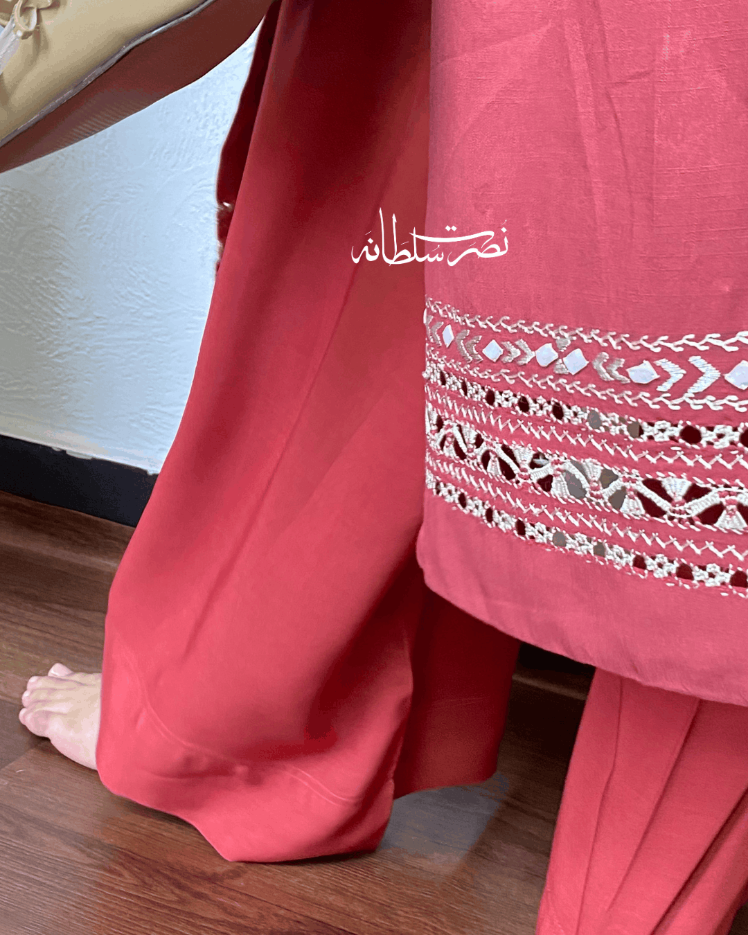 Dusty Coral Irish Linen Kurta - Handcrafted Tarkashi, Tukri & Mirror Work