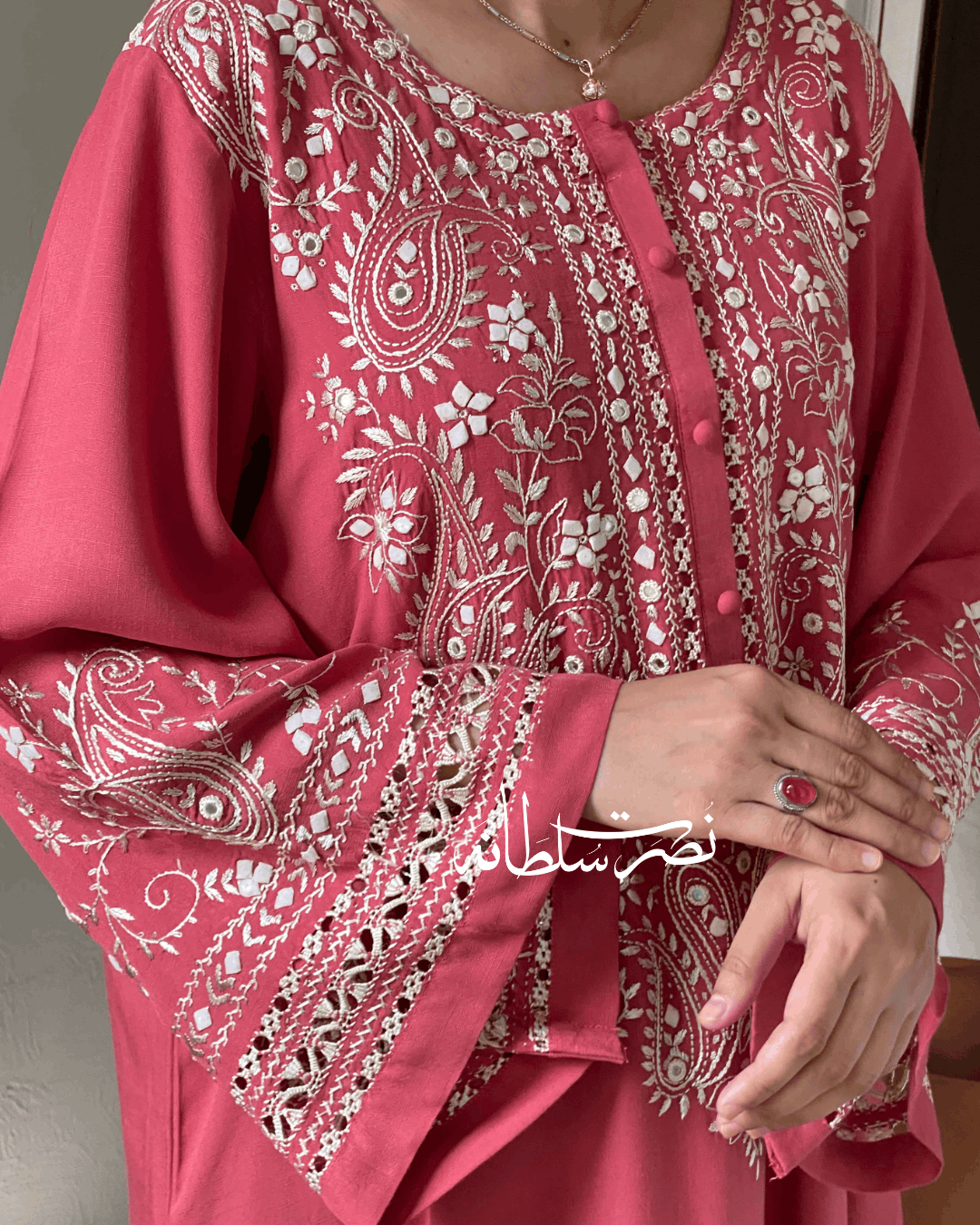 Dusty Coral Irish Linen Kurta - Handcrafted Tarkashi, Tukri & Mirror Work