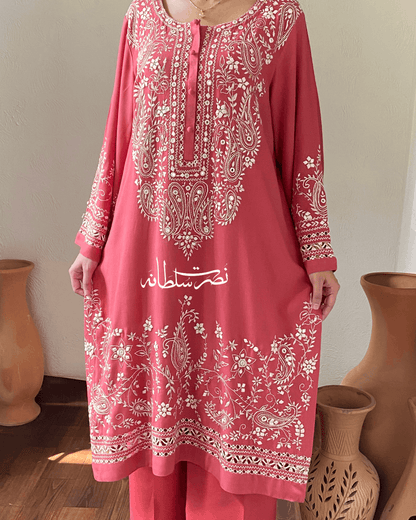 Dusty Coral Irish Linen Kurta - Handcrafted Tarkashi, Tukri & Mirror Work