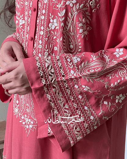 Dusty Coral Irish Linen Kurta - Handcrafted Tarkashi, Tukri & Mirror Work