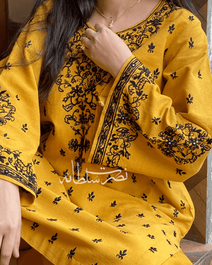 Hand Embroidered Shirt Soft Khaddar - Mustard Shade - Pret