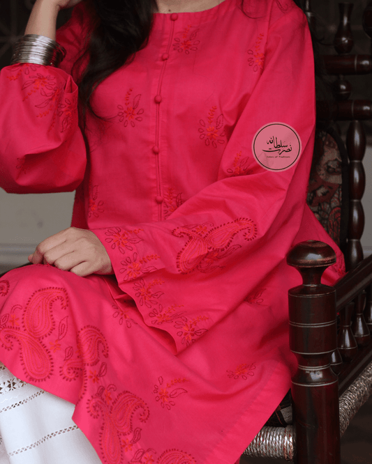 Pure Lawn Hand Embroidered Shirt - Pret - Reddish Pink Shade