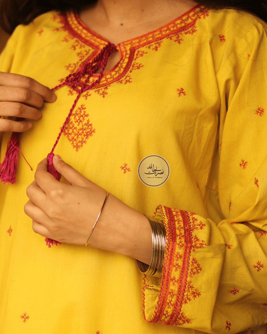 Hand Embroidered Pure Lawn Shirt - Blazing Yellow - Pret