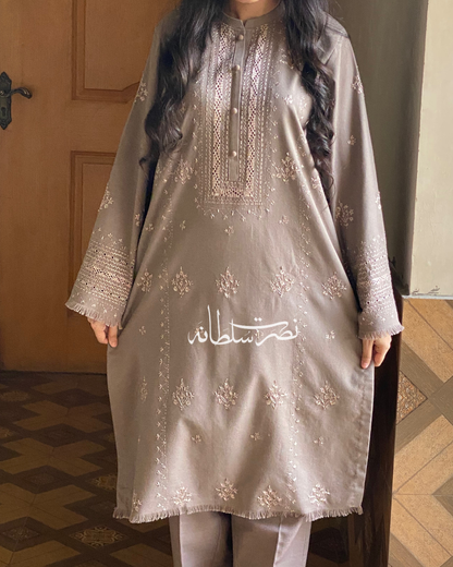 Traditional Hand Embroidery & Tarkashi work Shirt - Coffee Shade