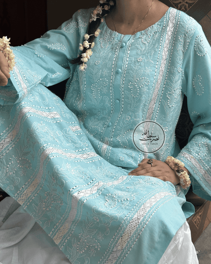 Turquoise Handcrafted Tarkashi & Chikankari shirt work - Pret